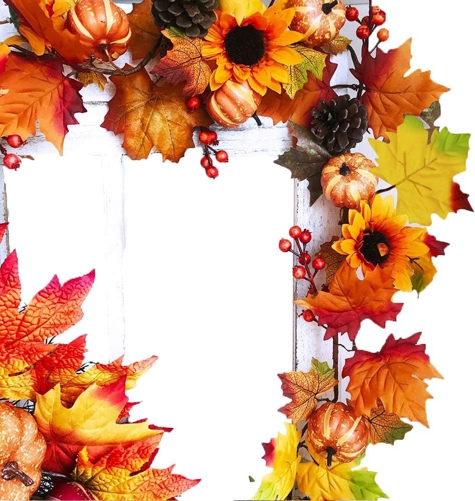 Winlyn Fake Fall Maple Leaf Garland Hanging Vine- 6 Feet – Artificial Berries Su