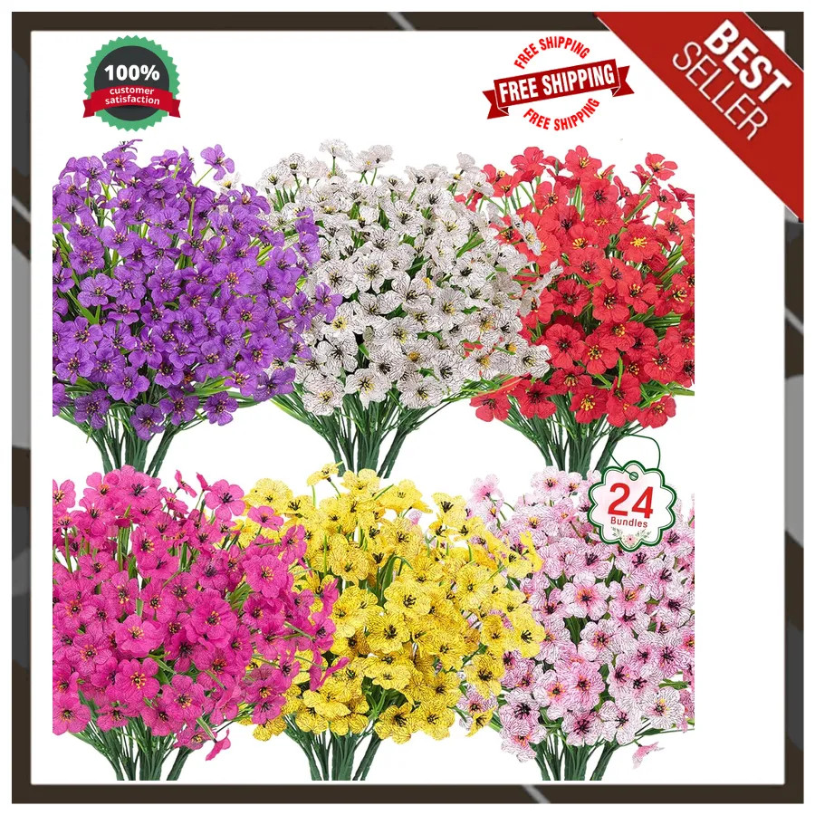 24 Bundles Artificial Flowers UV Resistant Silk Fake Plants for Indoor Outdoor