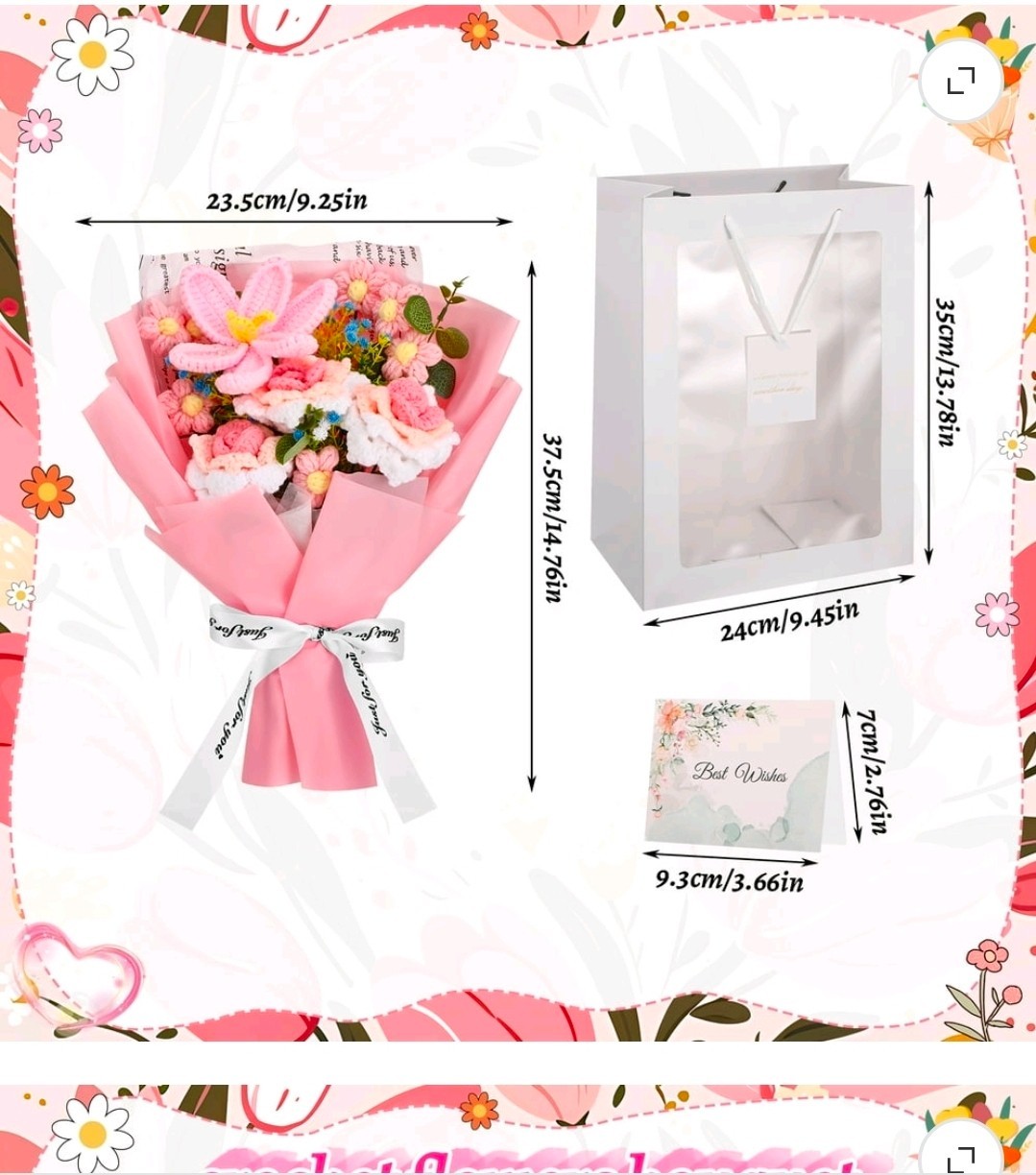 Armscye Pink Crochet Flower Bouquet Handmade Rose Sunflower Daisy New Open Box