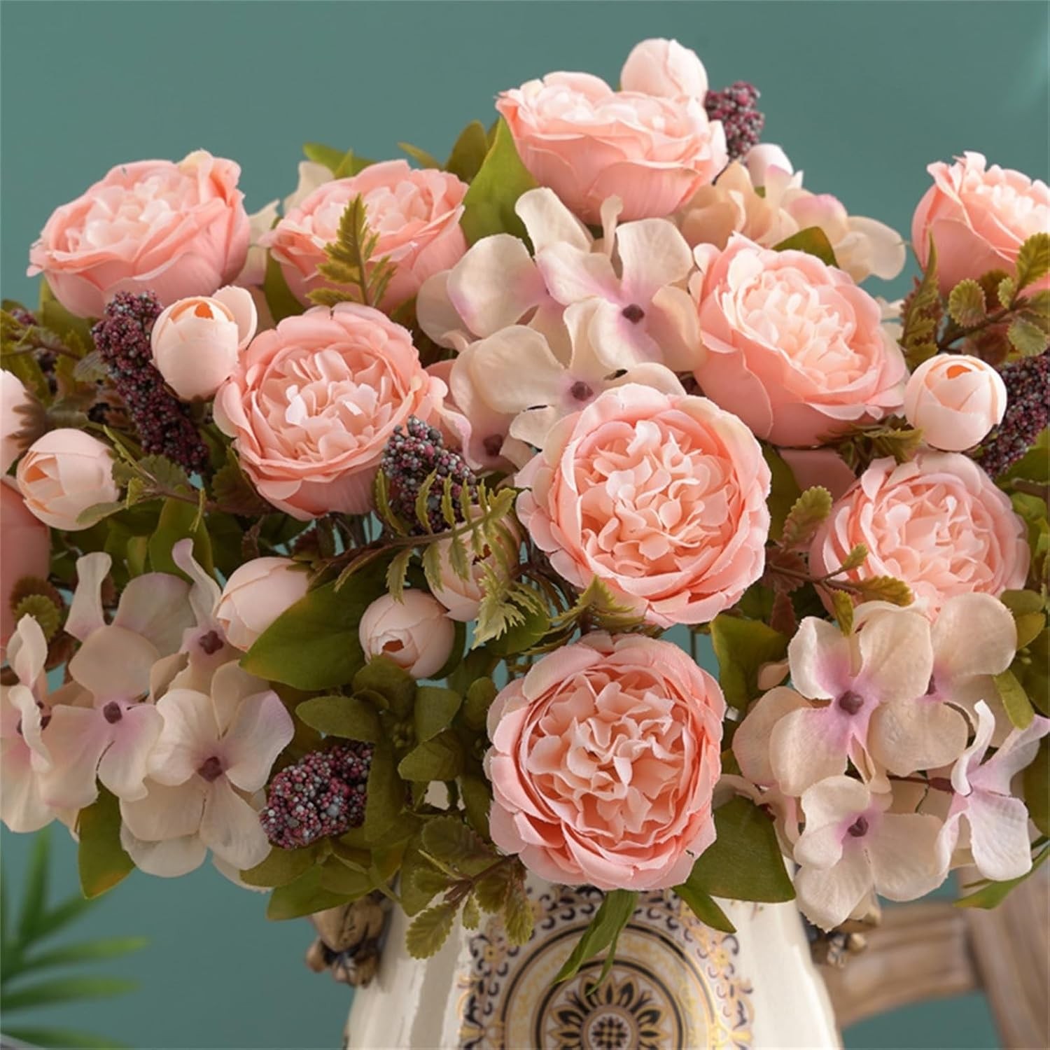 4x Artificial Rose Bouquet Vintage Silk Flowers Bunches with Stem & Green Leaves