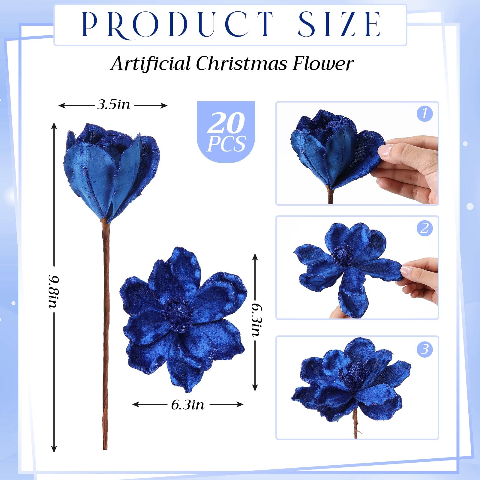 20 PCS Christmas Glitter Poinsettia Magnolia Flowers Large Heads Dark Blue
