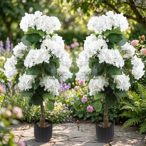 Pcs 3 Ft Artificial Hydrangea Trees Potted, UV Resistant Faux Silk 2 White