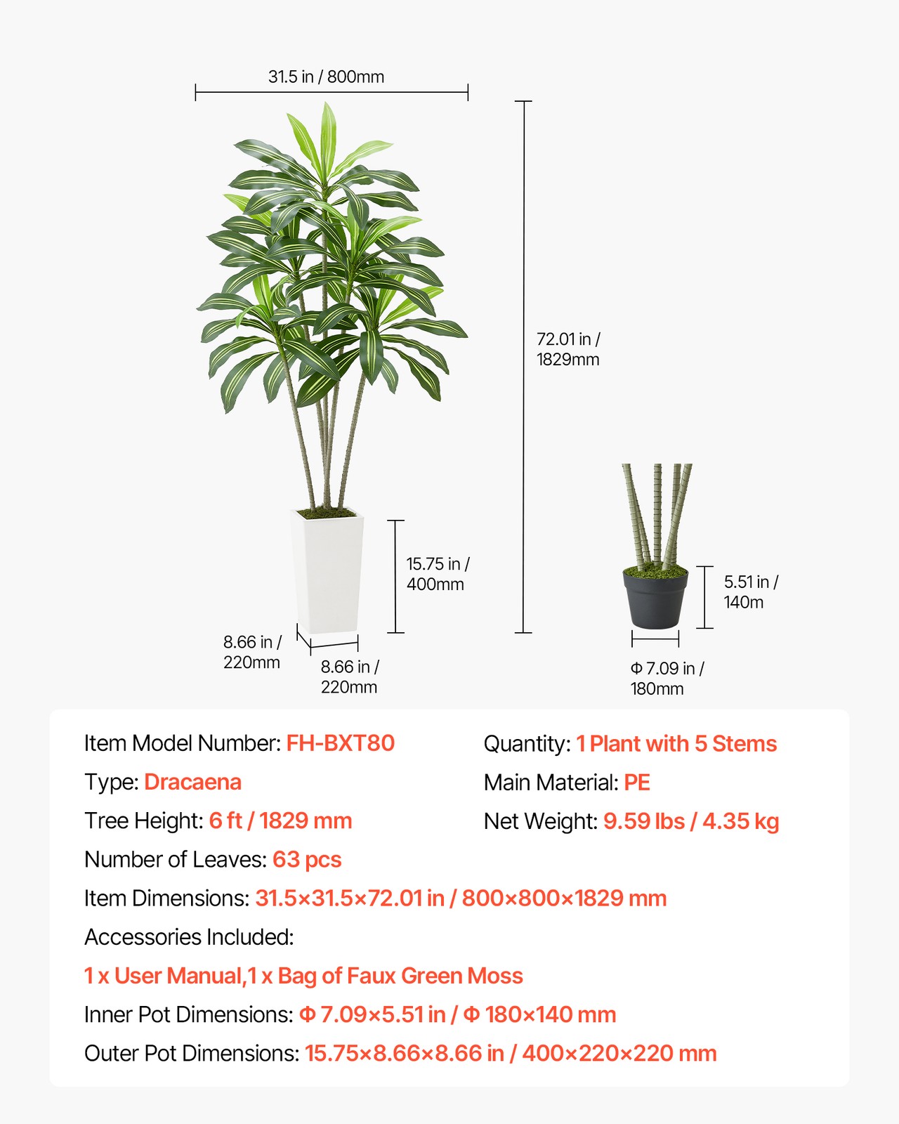 VEVOR 6ft Artificial Dracaena Tree Fake Plant with White Planter Indoor