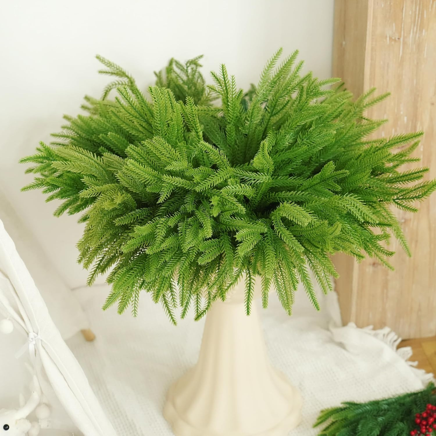 12pcs Christmas Norfolk Pine Branch with Berry Set, 18 Inches Artificial Norfolk