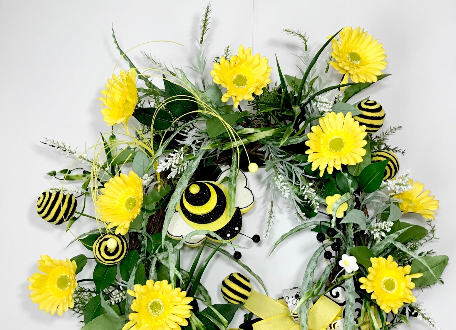 LARGE BRIGHT SPRING SUMMER BEE GRAPEVINE DOOR WREATH YELLOW FLORAL DECOR GIFT