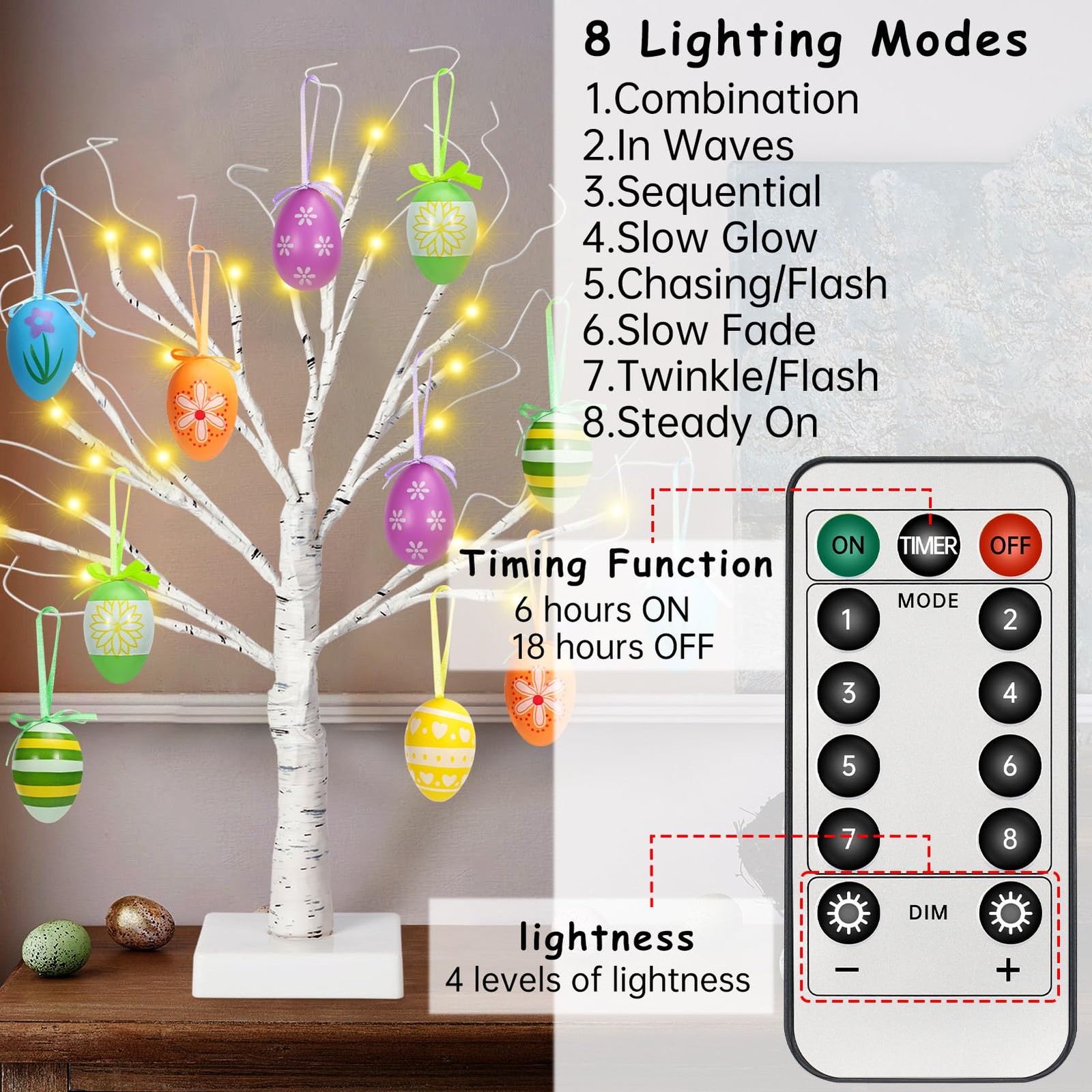 24″ Easter Lighted Birch Tree with 12pcs Ornaments, Warm White LEDs Tabletop …