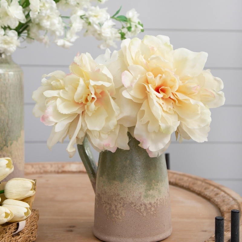 4 Pack Peony Floral Décor 14″H White Plastic Tabletop Office Dinning Living Room