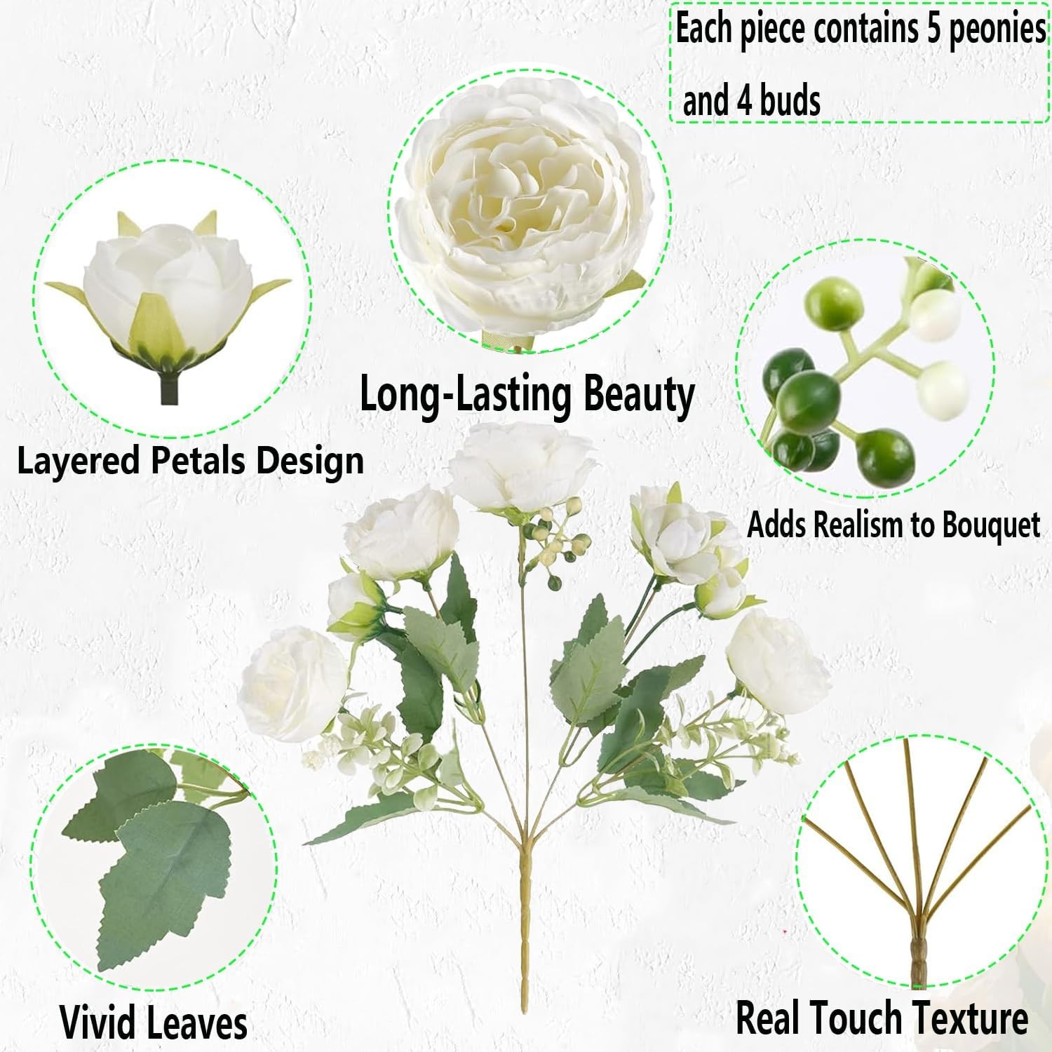 12 Bundles Peonies Artificial White Flowers Bouquet, Lifelike Silk Fake Peoni…