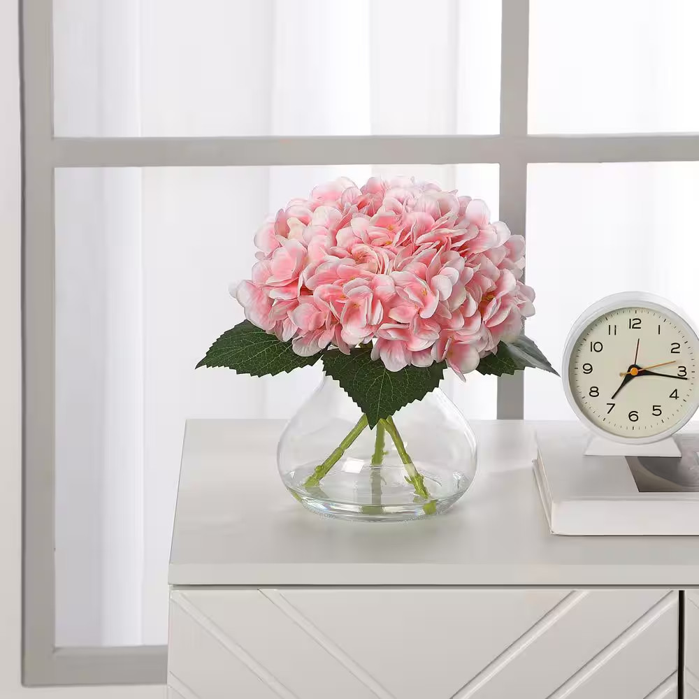 Artificial Hydrangea Flowers with Glass Vase and Fake Water for Home Table, Wedd