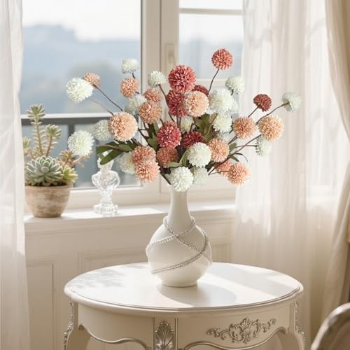 Fake Flowers, Artificial Mums With Long Stems, Faux Pompon Mums 10 Pcs 3 Mixed