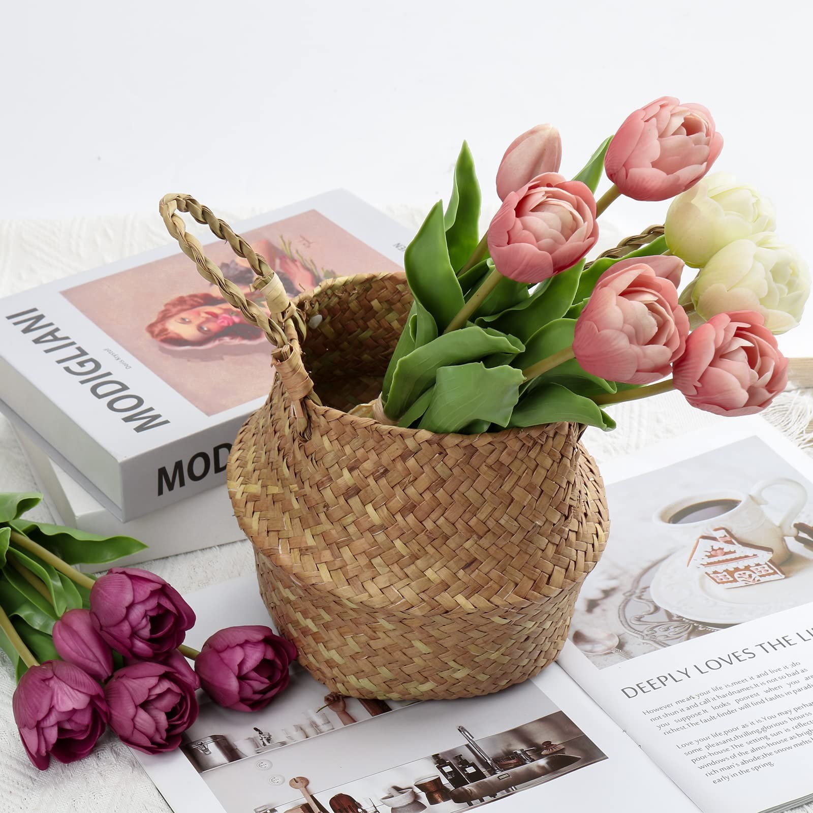 6 PCS Artificial Tulips Flowers Pink Real Touch Fake Latex 14″ Bouquet
