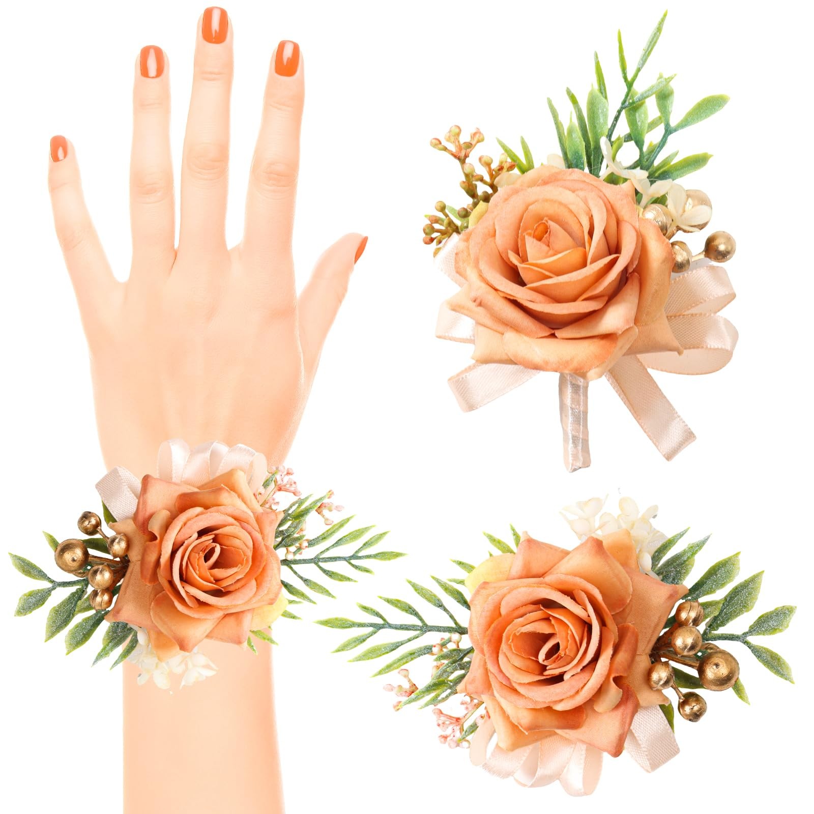 2 PCS Rose Wrist Corsage Boutonniere Set Wedding Artificial Flowers Orange