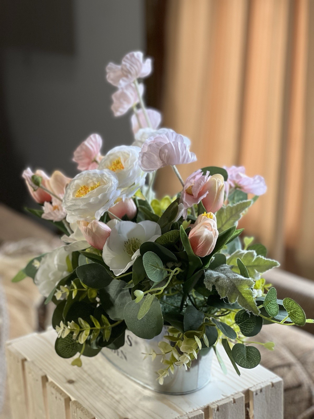 Cottagecore Silk Flower Centerpiece – Pink Tulips & White Peonies Oval Metal Tin