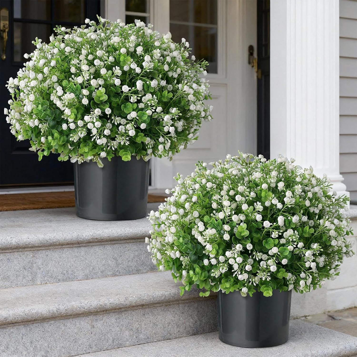 Eucalyptus & Baby’s Breath Topiary Ball Trees – 2 Potted Faux Plants Set