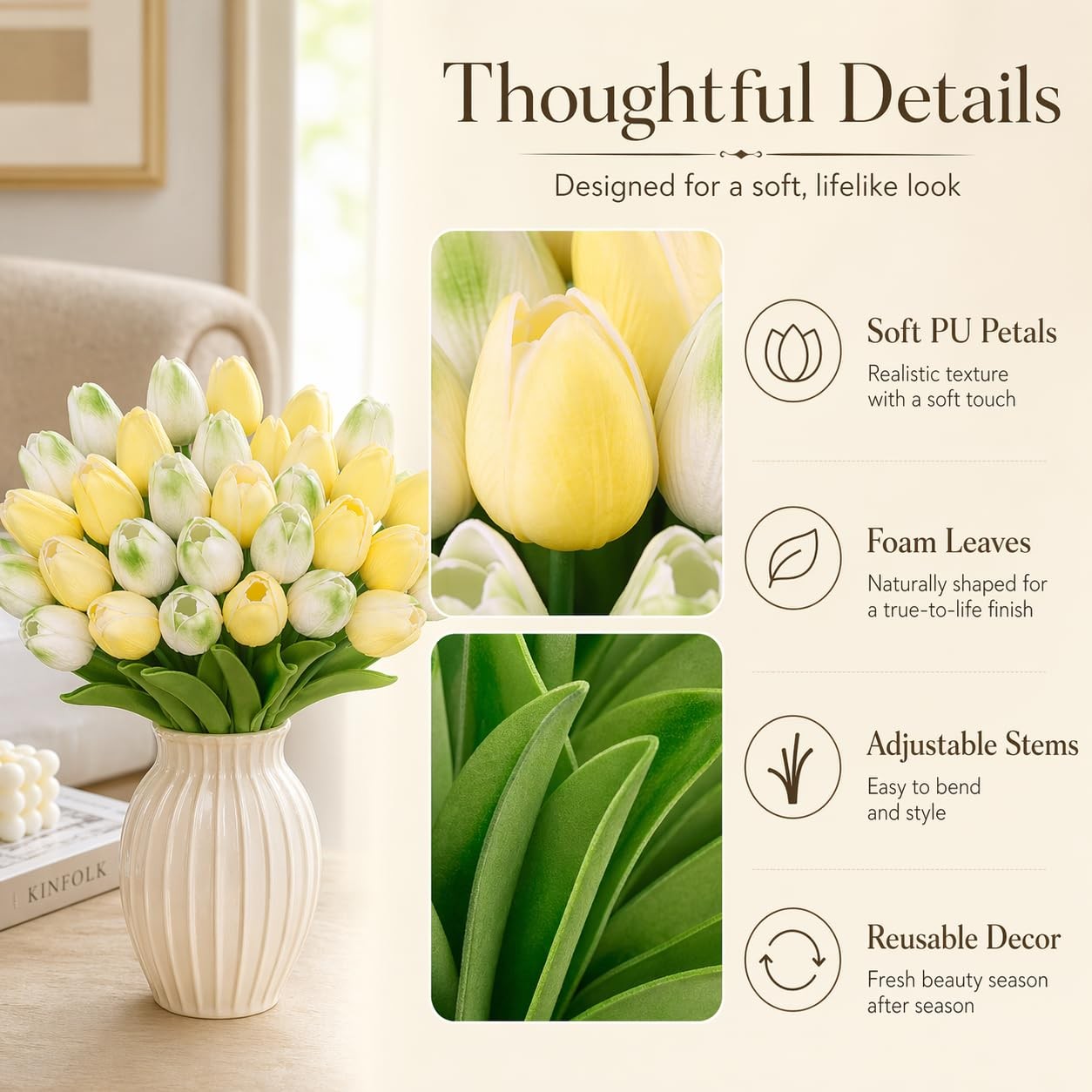 30 PCS Artificial Tulip Flowers 13.7 Inch Real Touch Mix Green Decor