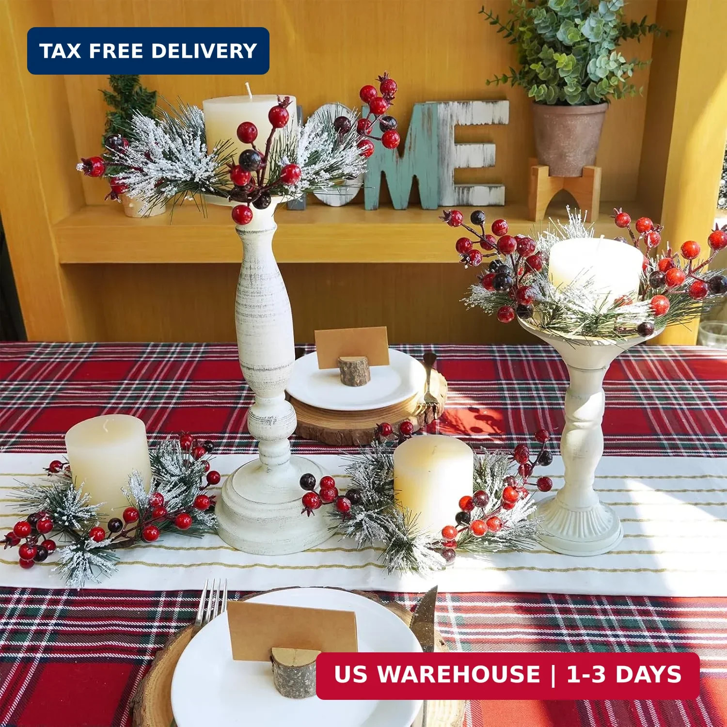 Winlyn 4 Pcs Artificial Pine and Berry Candle Rings Wreaths Snowy Pine Needle Re