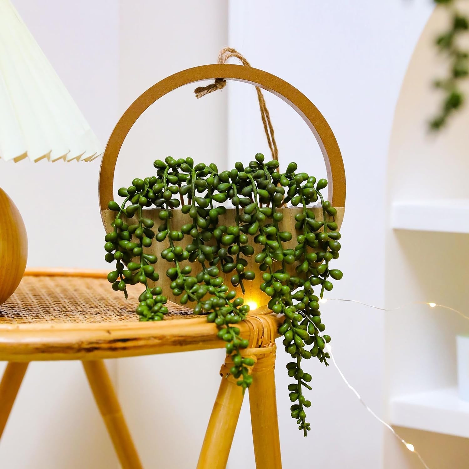 Low-Maintenance Fake Plants – 12.2” Hanging String of Pearls in Wooden Planters