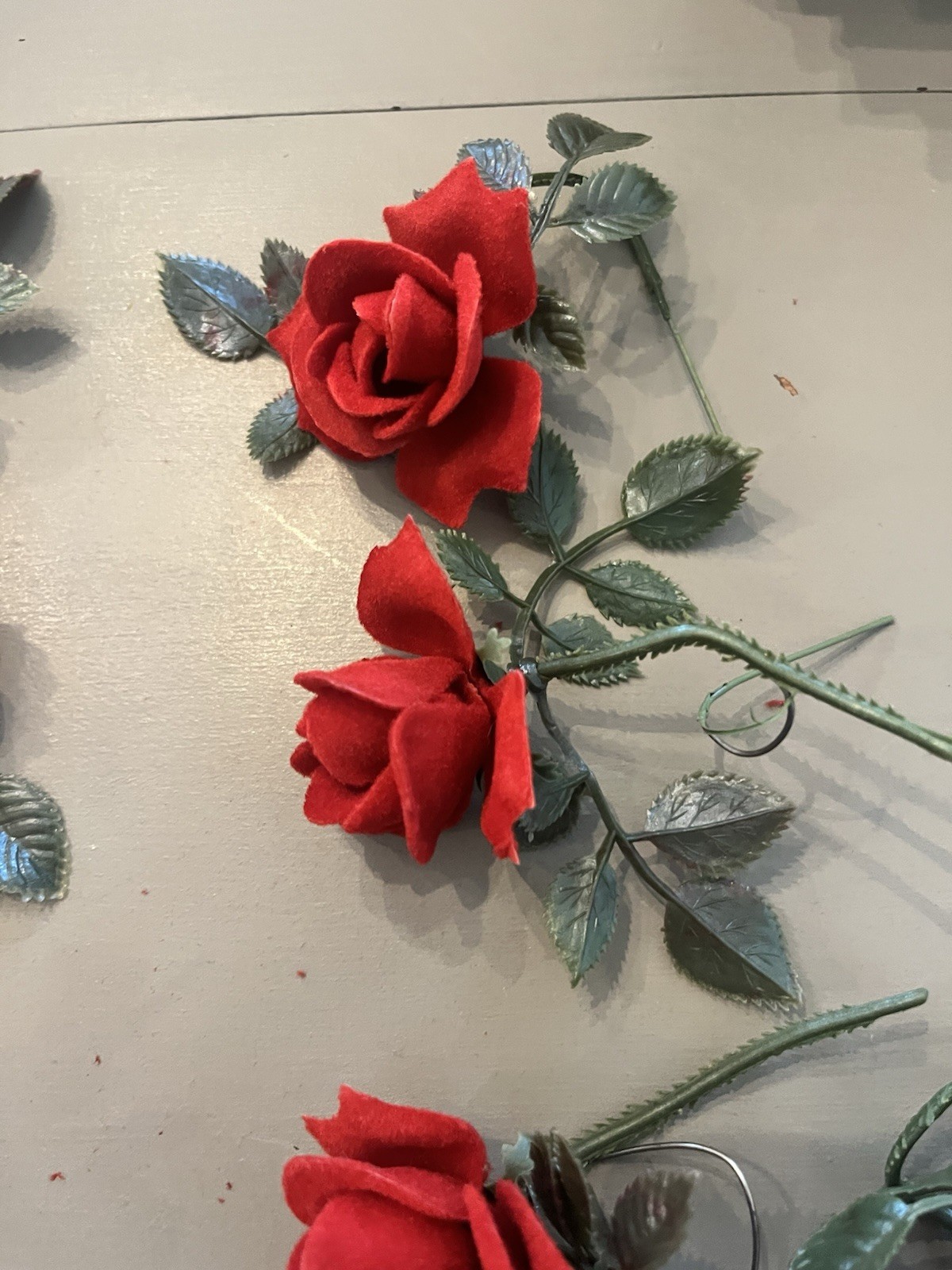 Vintage 29 flocked Plastic Red Roses Wired -6 NOS & 23 Unbagged Floral Decor