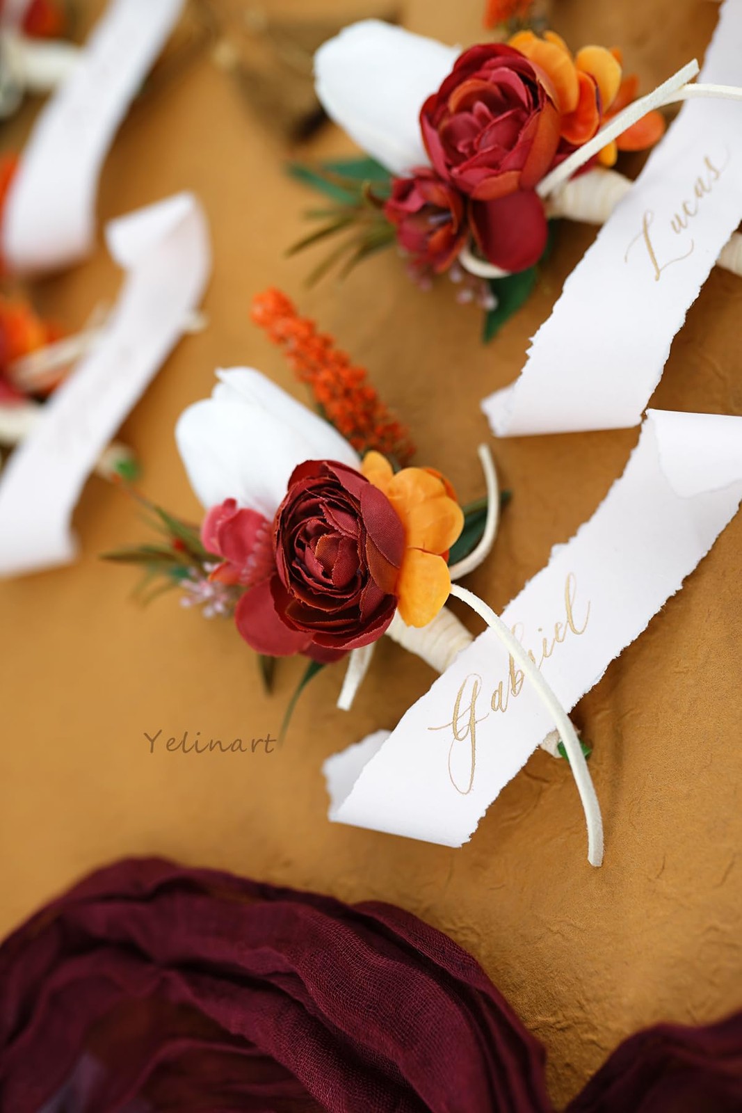 1 PCS Burgundy & Orange Boutonniere Men Wedding Groom Artificial Tulip Rose