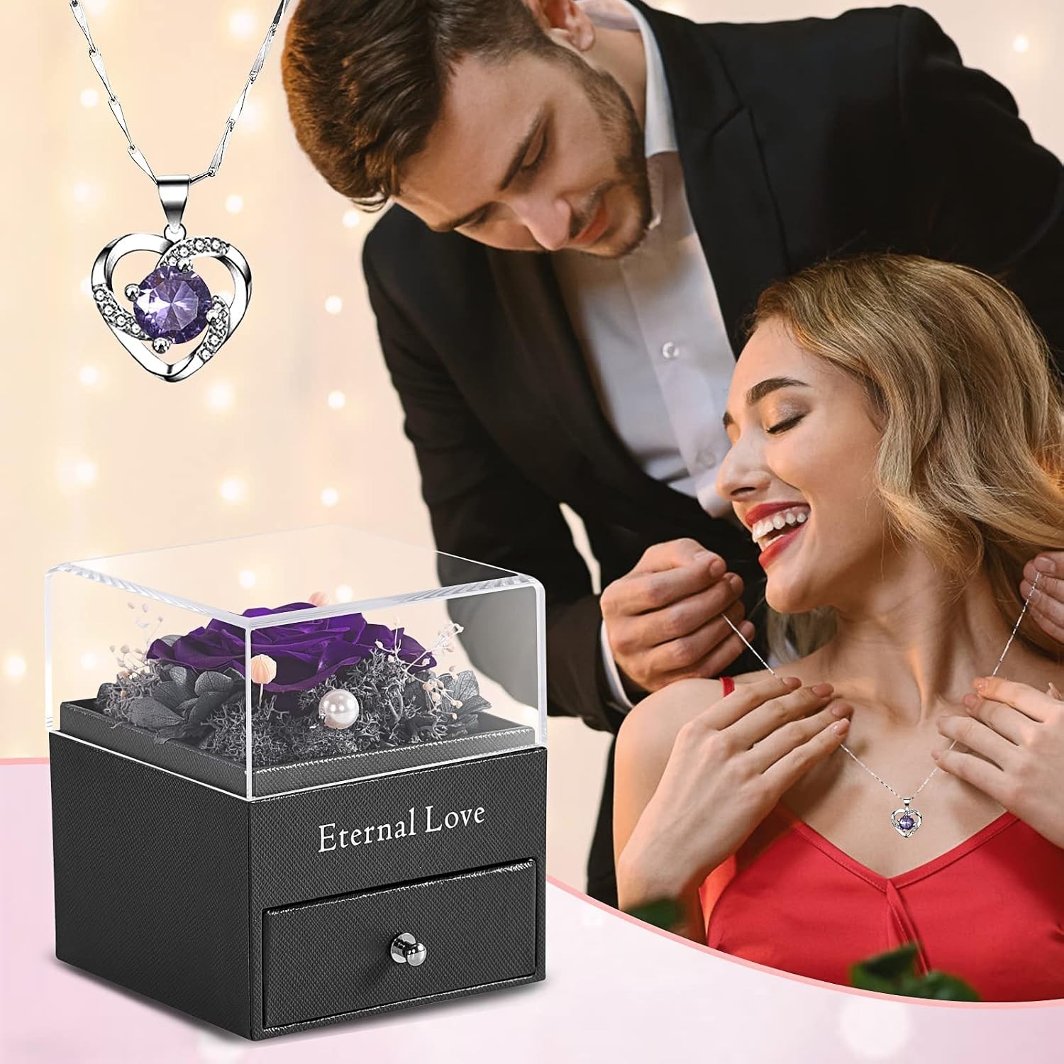 Handmade Preserved Rose and Necklace Set for Birthday and Anniversary Gifts