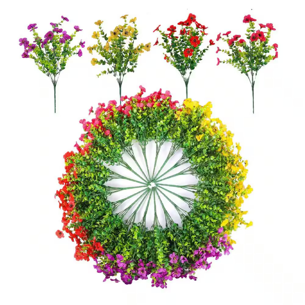 12 In. Red Purple Yellow Rose Red Outdoor UV Resistant Artificial Eucalyptus Flo
