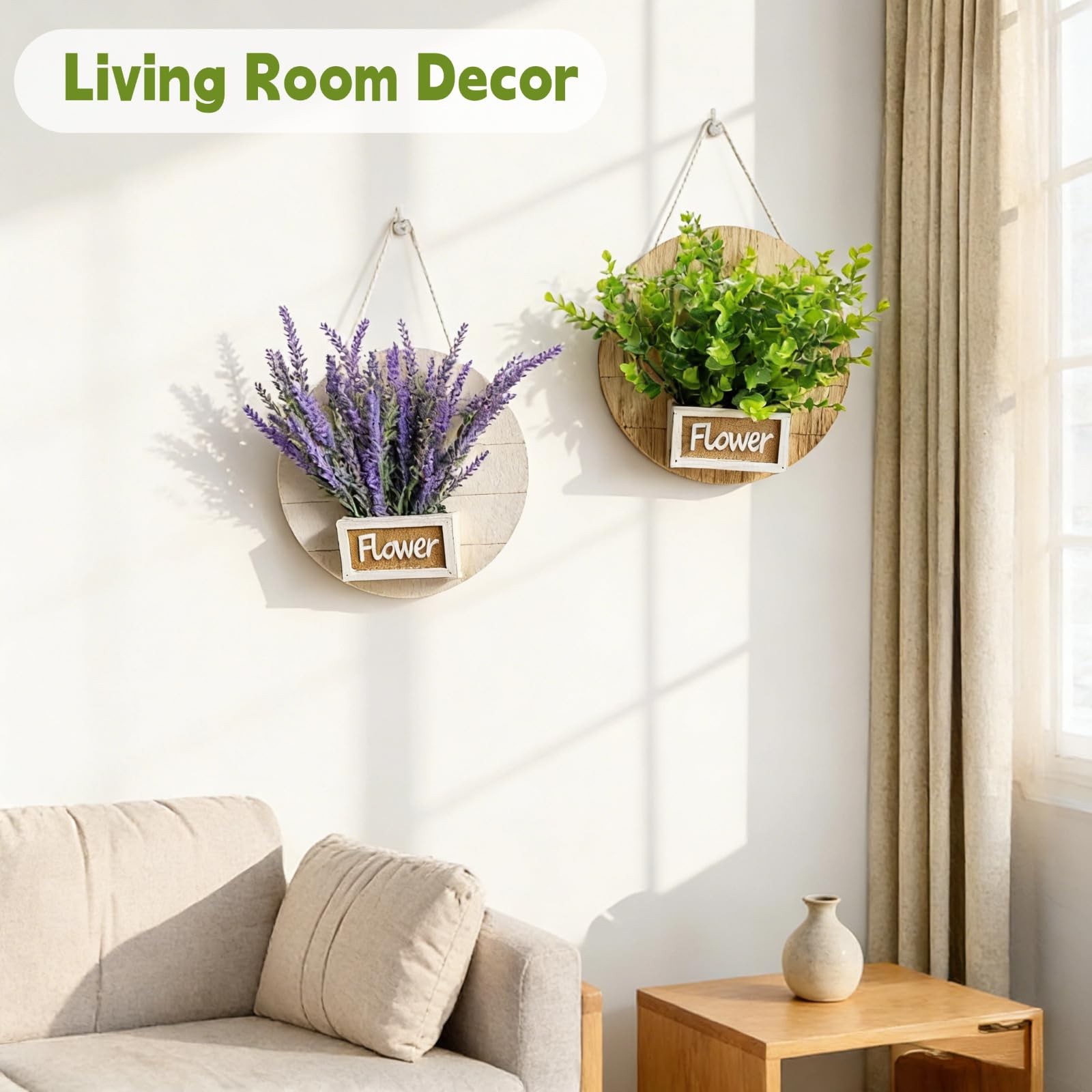 2 Pack Hanging Wood Wall Planter Vase with Artificial Eucalyptus and Lavender…