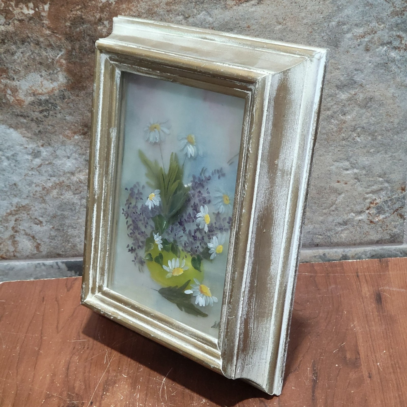 Framed Artwork Dried Flowers 3D Floral Arrangement Yellow Vase Signed Shirley