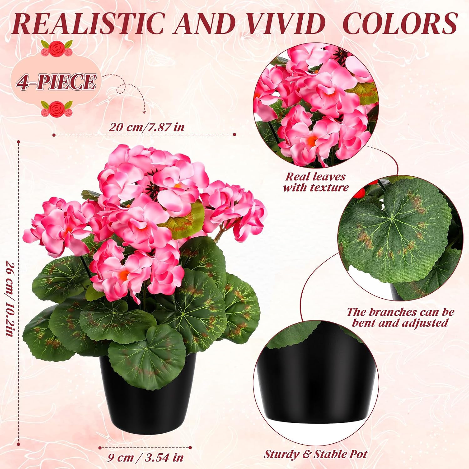 4 Pack UV Resistant Pink Artificial Geraniums for Home & Garden Decor