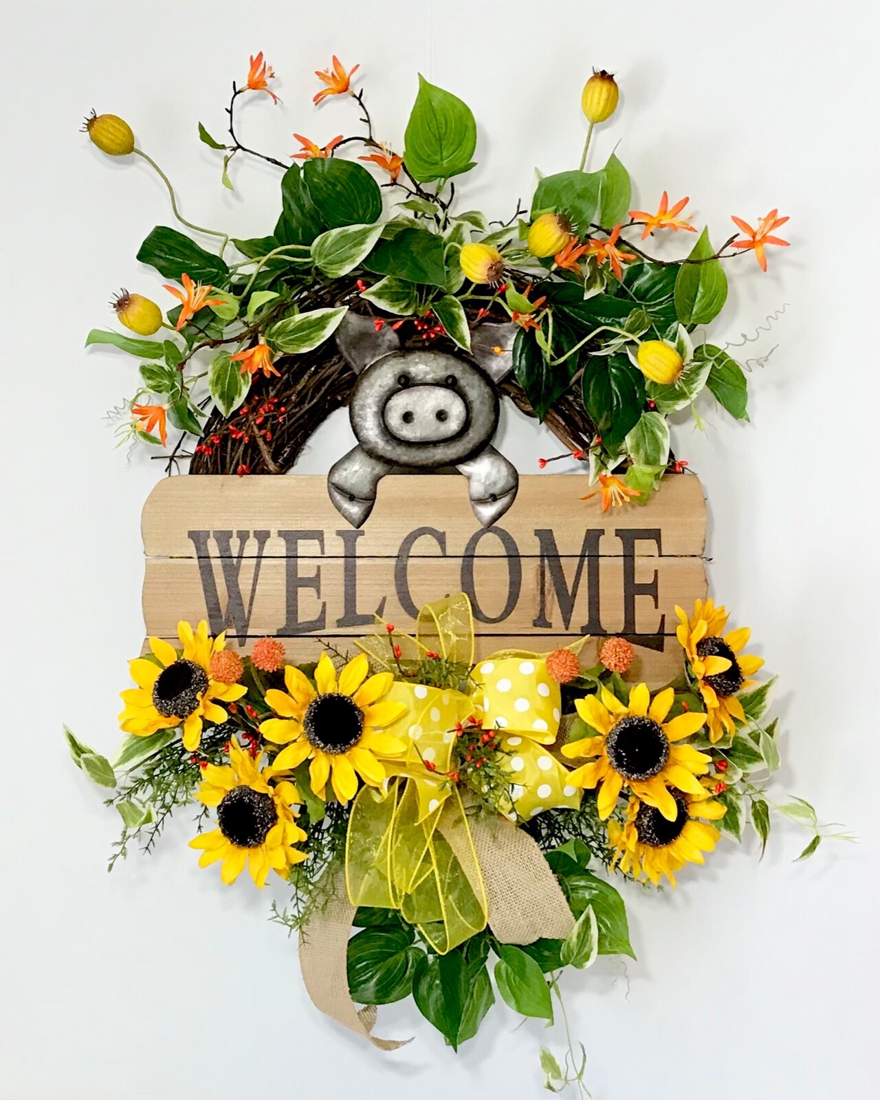 BRIGHT SUNFLOWER GRAPEVINE SUMMER WREATH METAL PIG WOOD WELCOME SIGN DECOR NEW