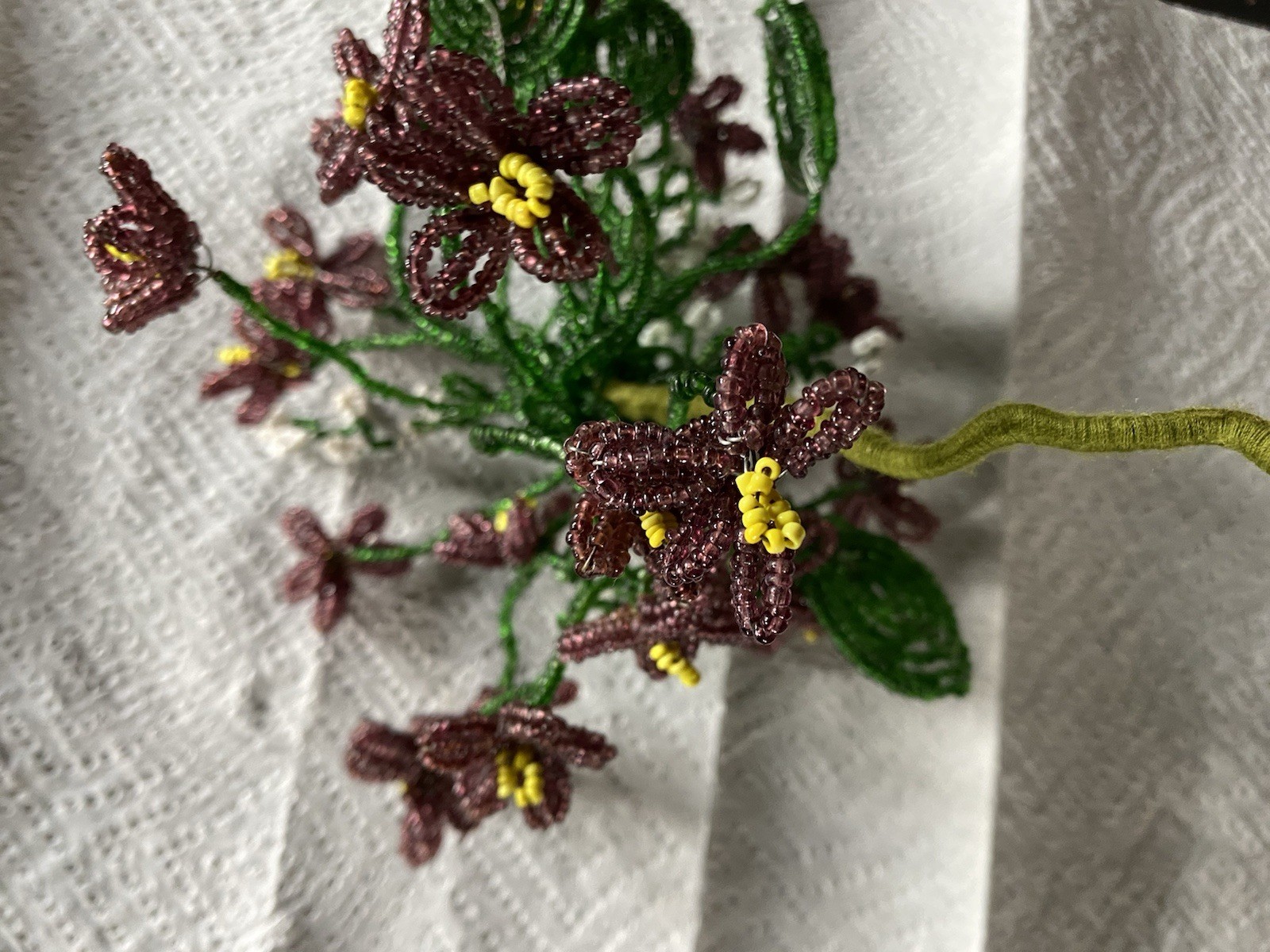 Vtg French Glass Beaded Purple Green Yellow Flower Bouquet Floral Arrangement