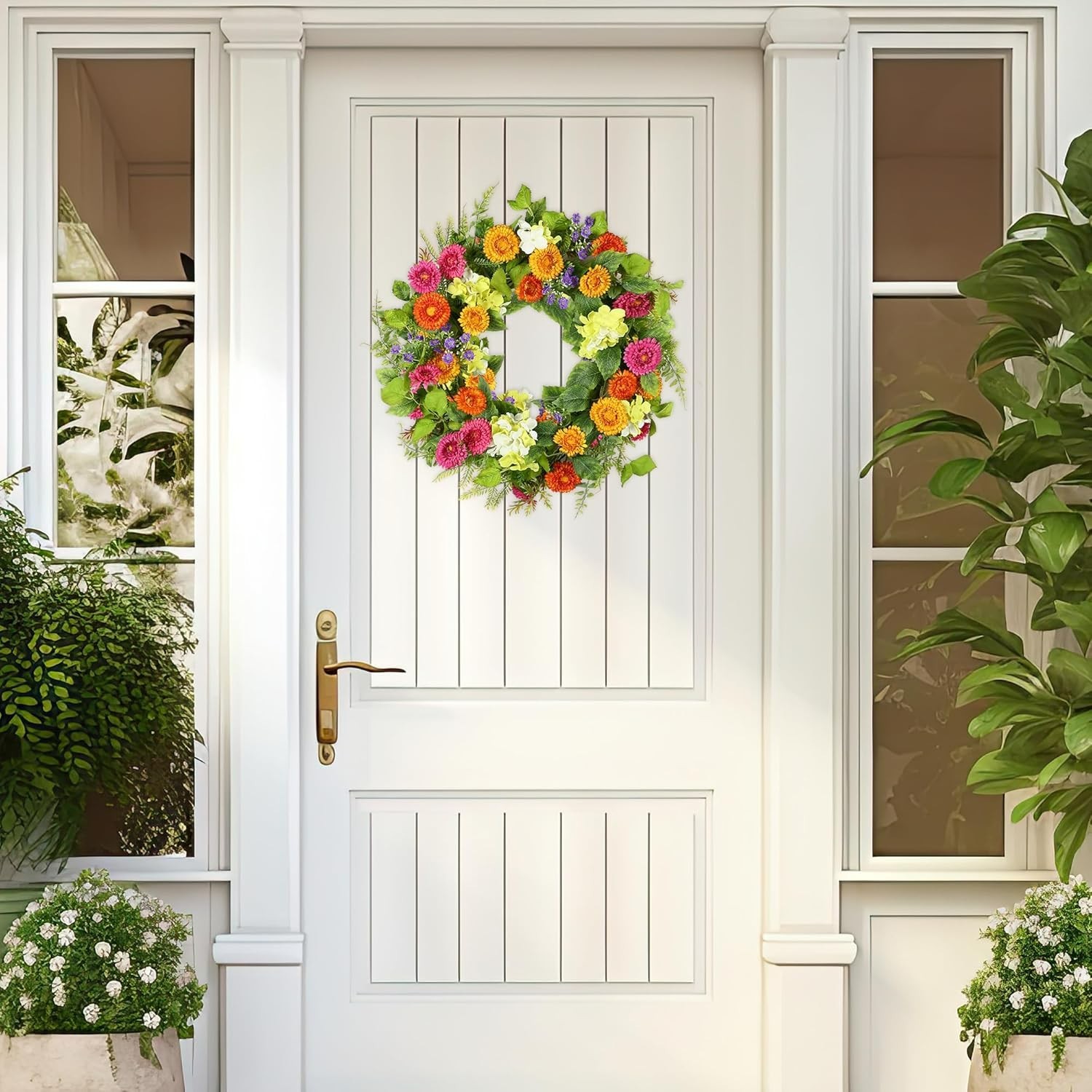 18-Inch Spring Summer Wreath with Colorful Daisies & Green Leaves for Your Door