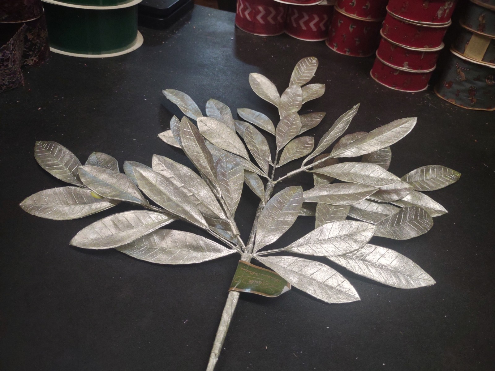 Set of 2 Plastic Bay Tree Branches 23″ Metallic Silver Floral Foliage Leaf Stems
