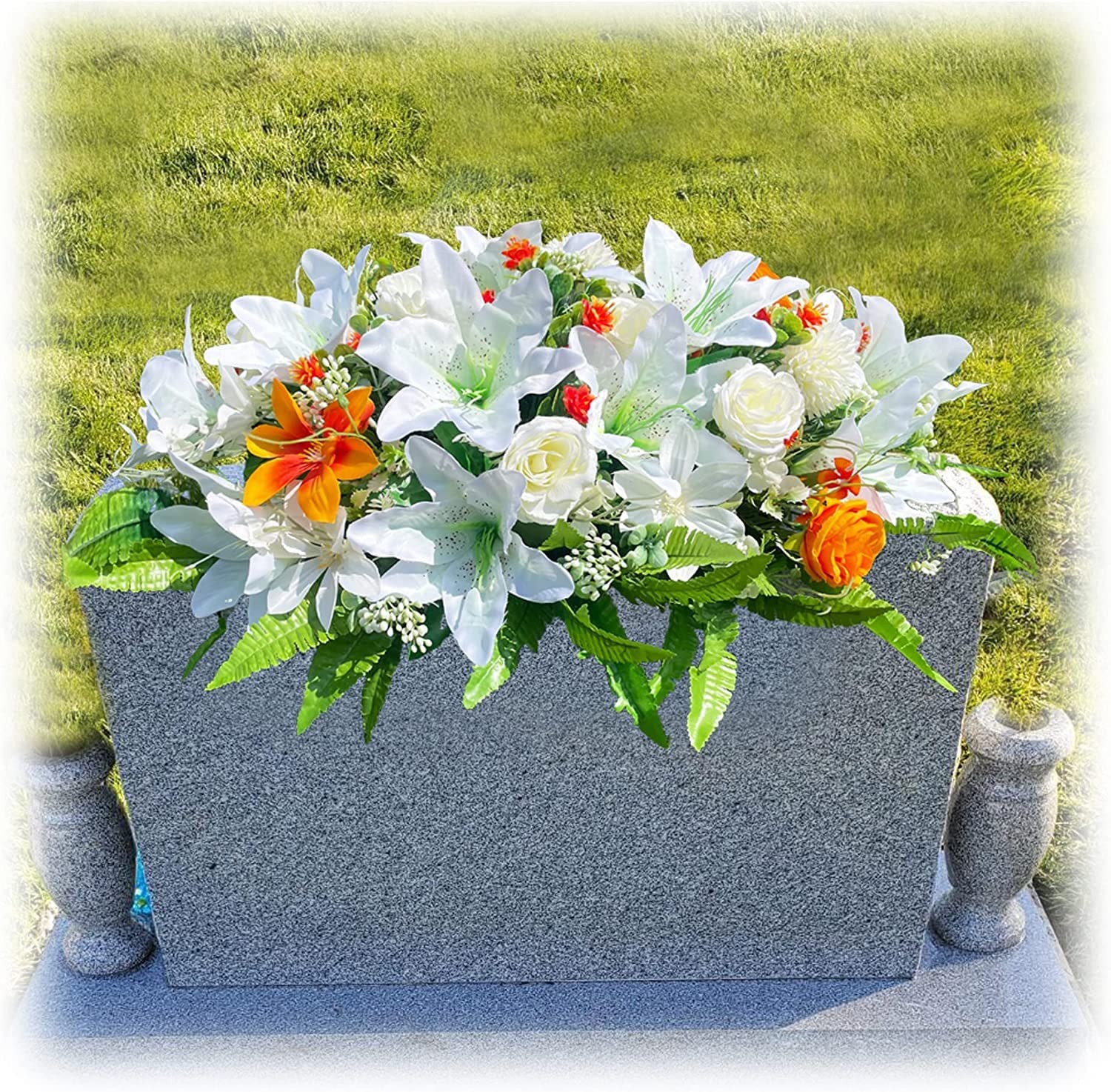 Headstone Flower Saddle, Silks Artificial Cemetery Flowers for Grave-Realisti…