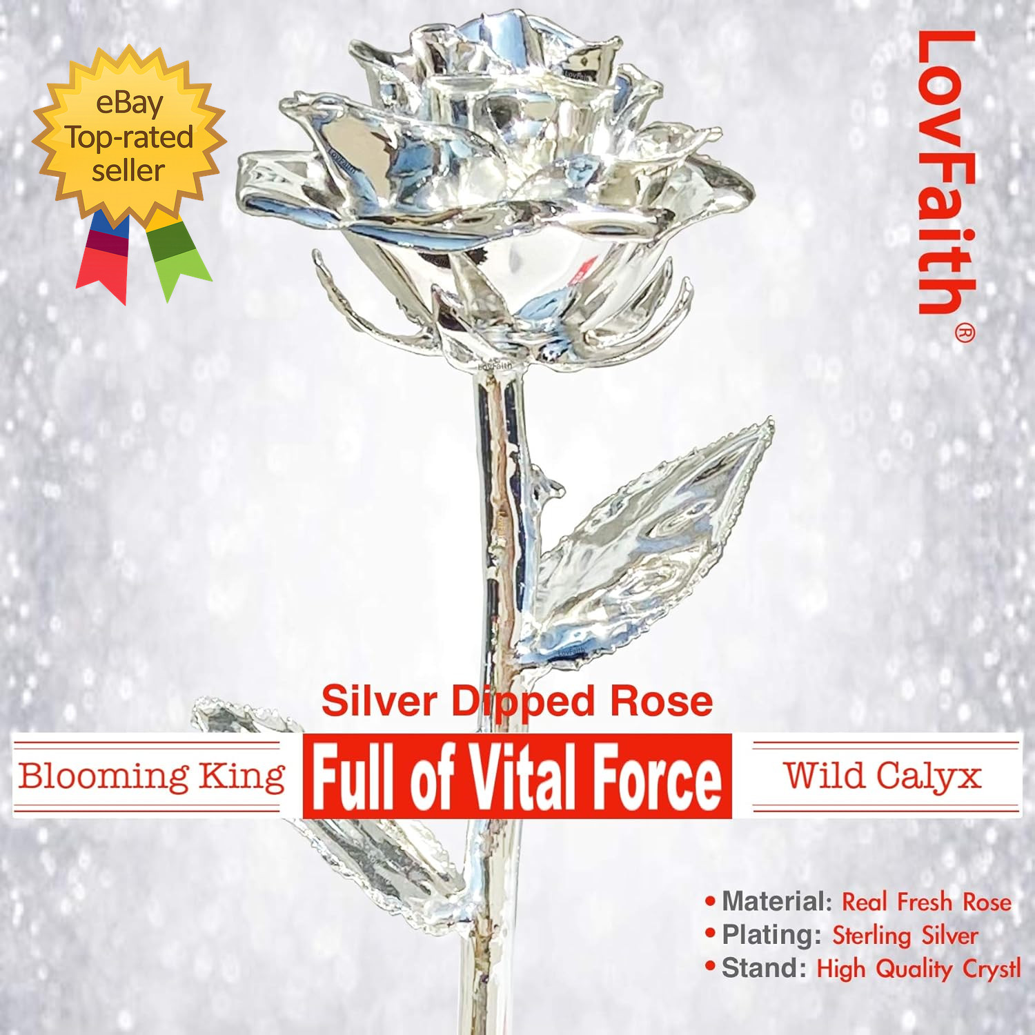 Valentine Gift Real Rose Dipped Thick Sterling Silver with Crystal Stand Best 25