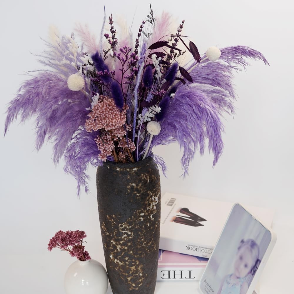 Dried Pampas Grass Bouquet 17″ Purple White Natural Bohemian Wedding Decor