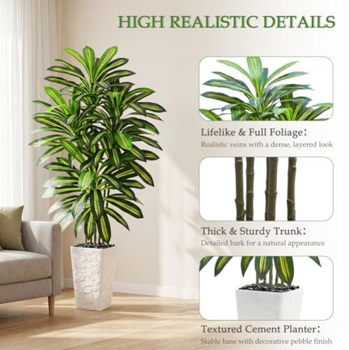 Artificial Dracaena Tree – Fake Tree with White Tall 5FT 1 Green-white Pot
