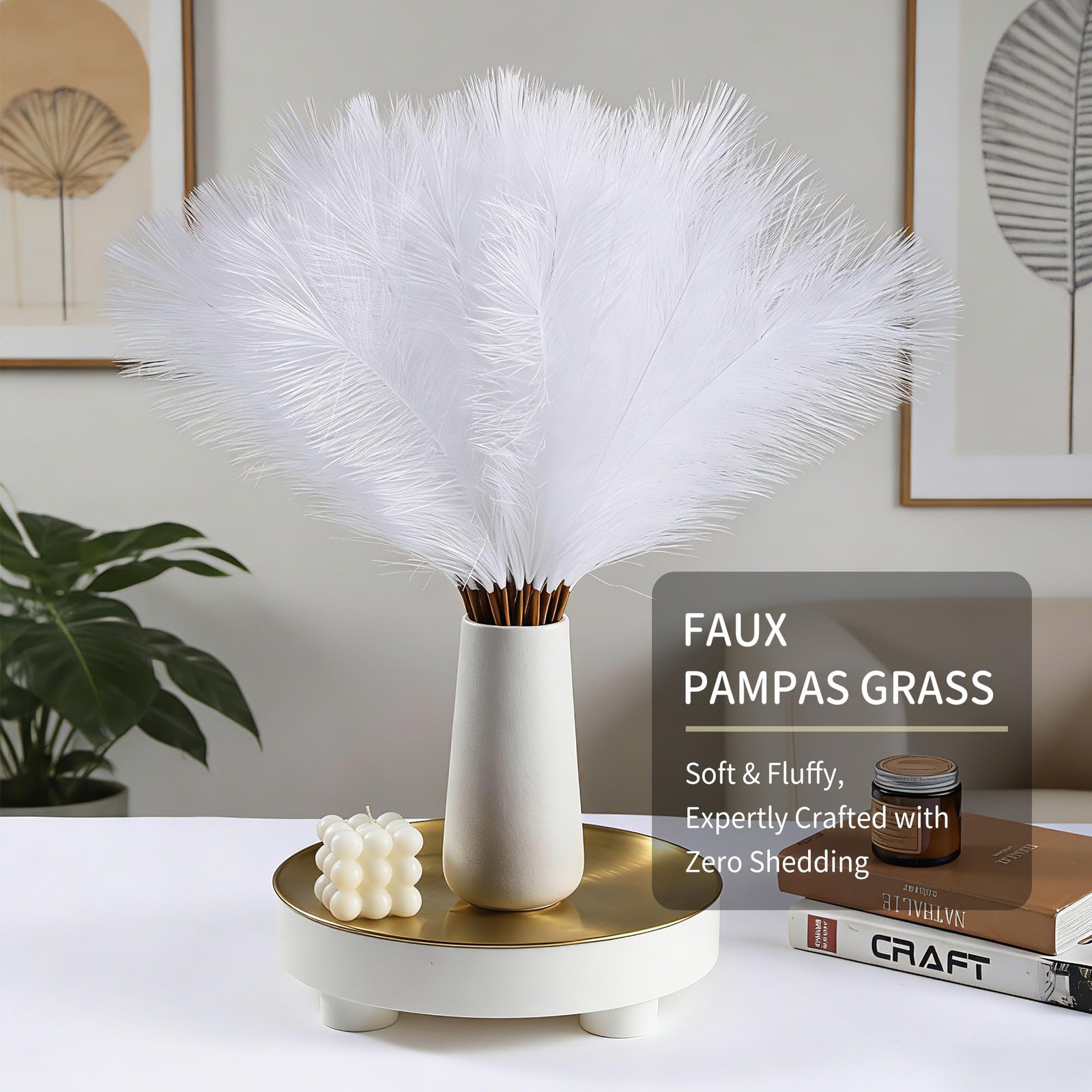 36 PCS White Faux Pampas Grass 21.6 Inch Fluffy Decor Flowers Wall Wedding