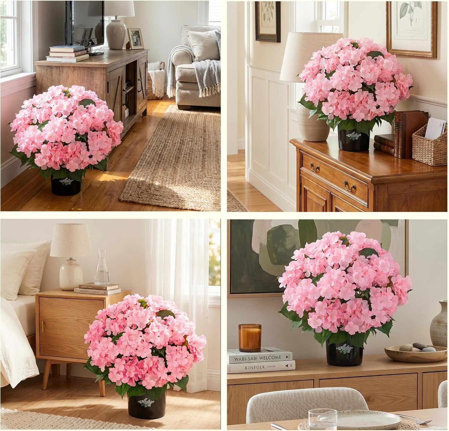 2 Potted Pink Hydrangea Artificial Flowers, Faux Hydrangea Outdoor | 22″ High &