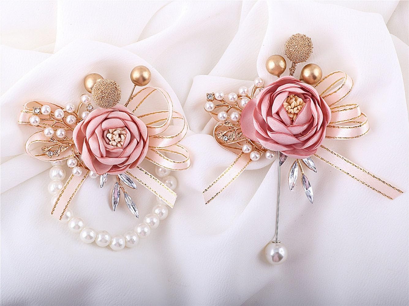 Blush Pink Wrist Corsage Boutonniere Set Wedding Prom Homecoming Artificial
