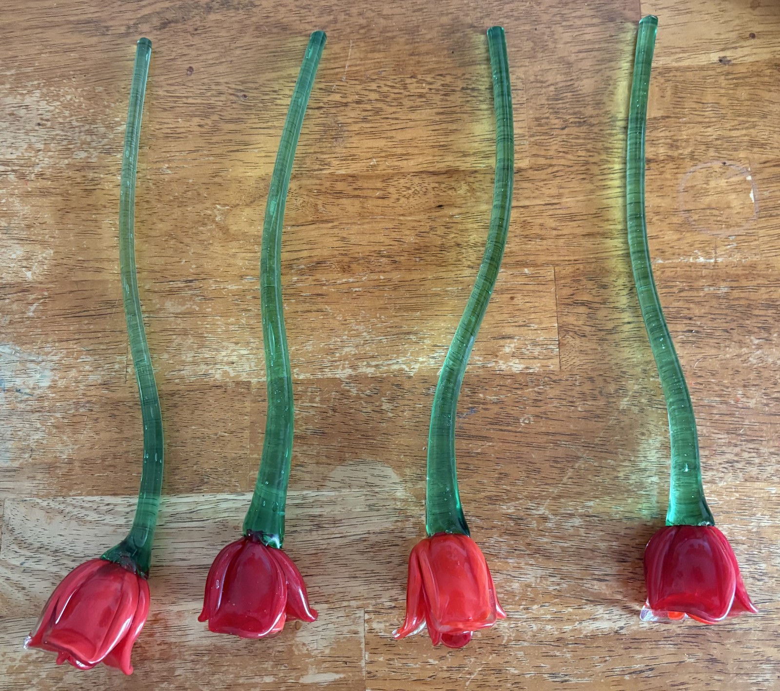 Glass red roses (set of 4) red petals, green stems