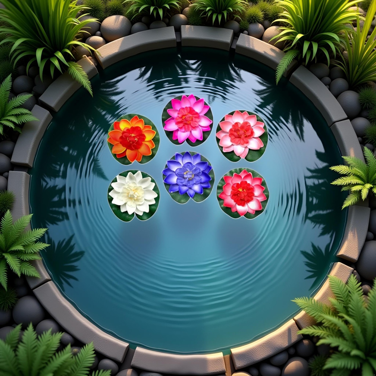 6 Pcs Large Floating Lotus Flowers Faux with Artificial Lily Pads, Artificial.