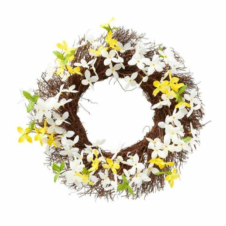 TrueLiving Spring Faux Forsythia Grapevine Wreath:Yellow/White/Green, 18 inches