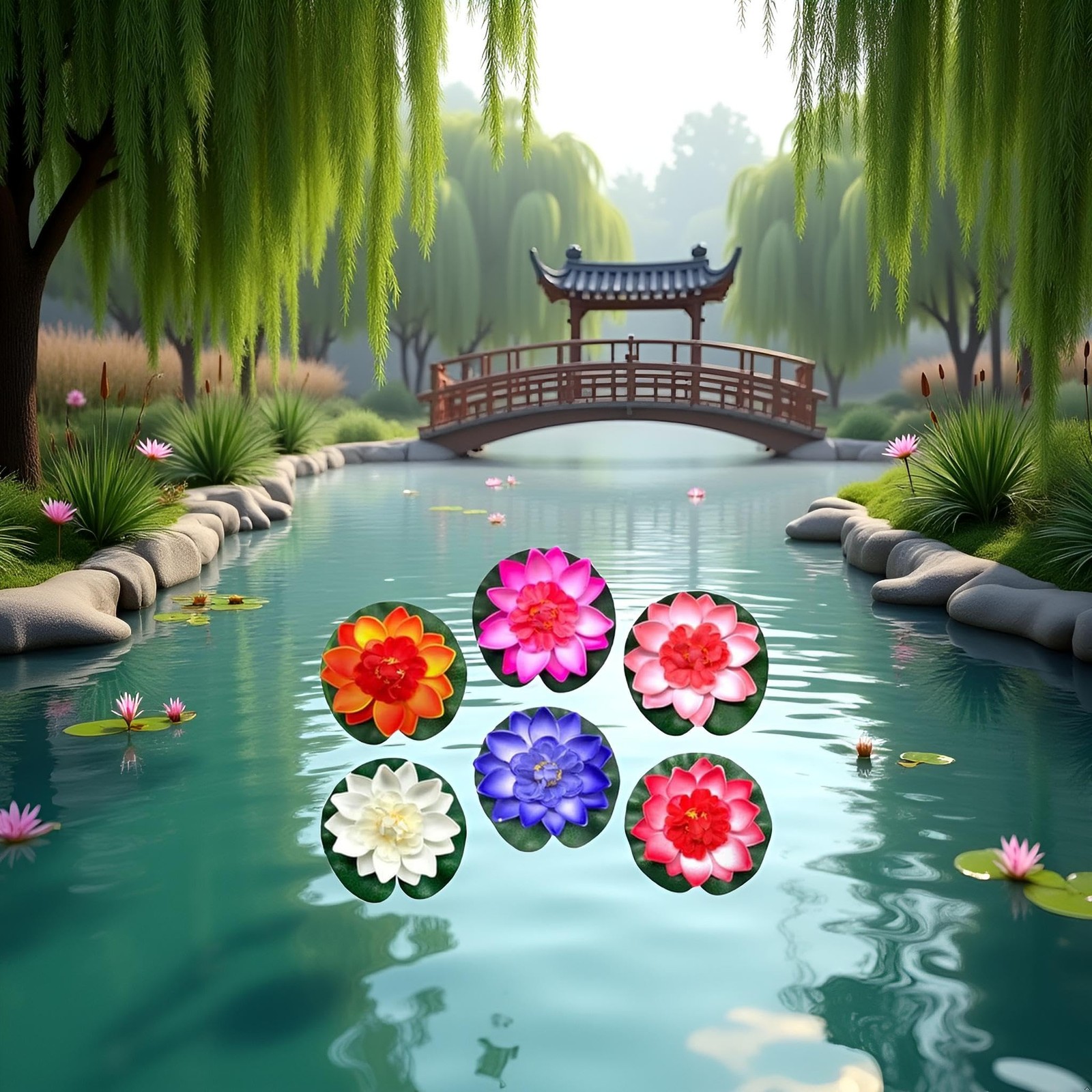 6 Pcs Large Floating Lotus Flowers Faux with Artificial Lily Pads, Artificial.