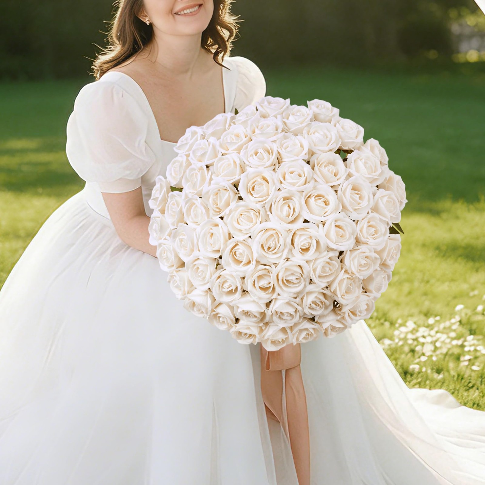 50 PCS Champagne Roses Artificial Flowers with Long Stems