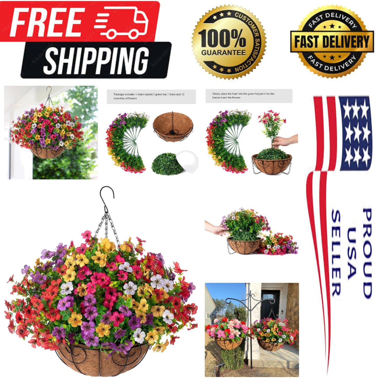Artificial Faux Hanging Plants Flowers Basket for Summer Outdoor Outside Deco…