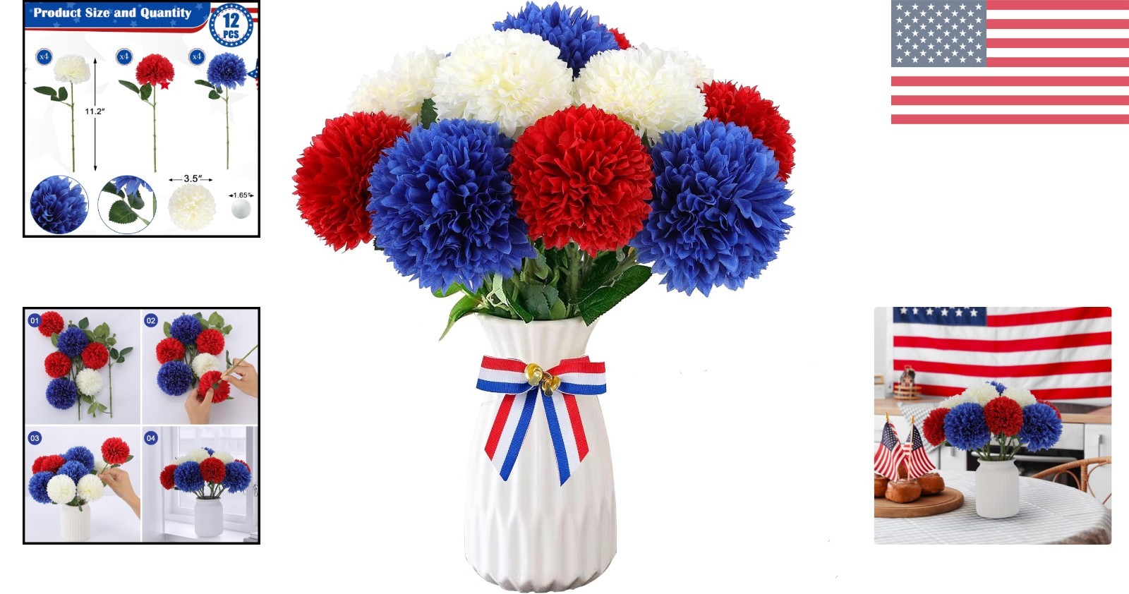 Silk Chrysanthemum Flowers – 12 Pcs Red, White & Blue for Independence Day Decor