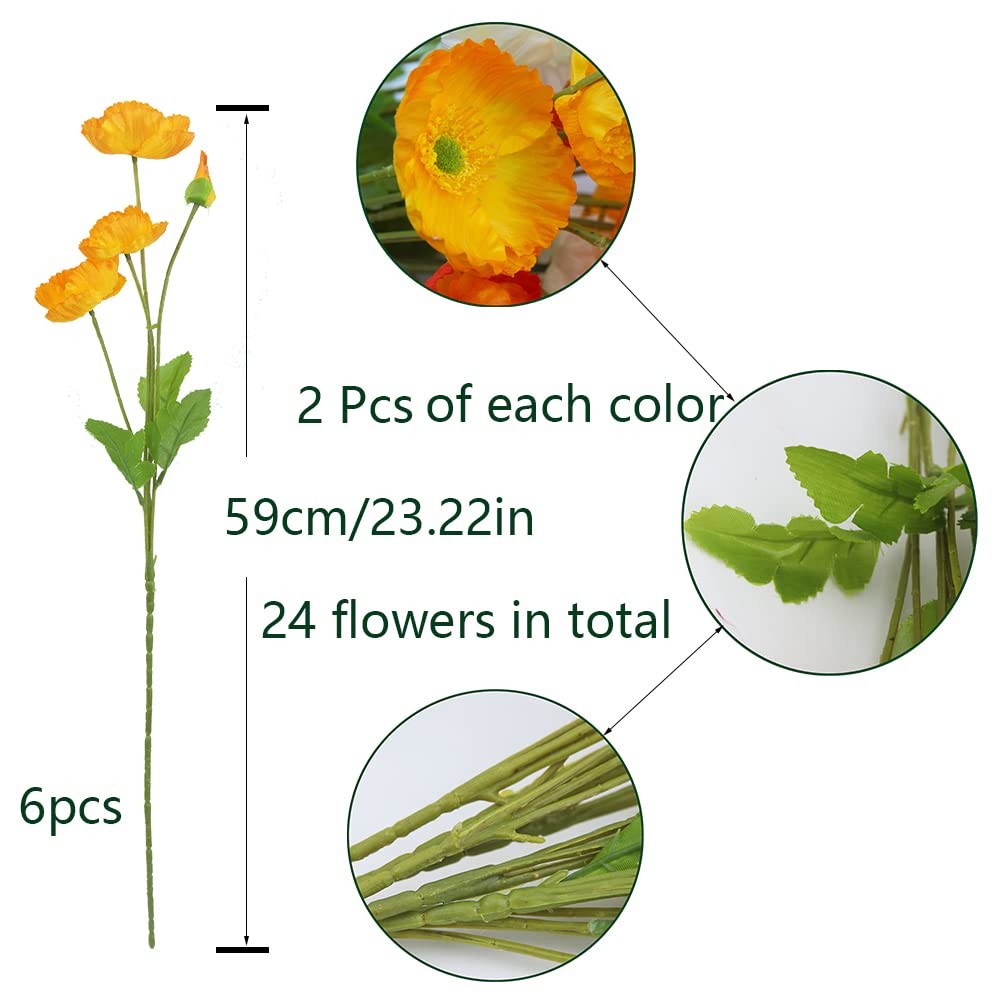 CISDUEO 6 Pcs Artificial Poppy Flowers 22.44 inches, Orange, Yellow, White