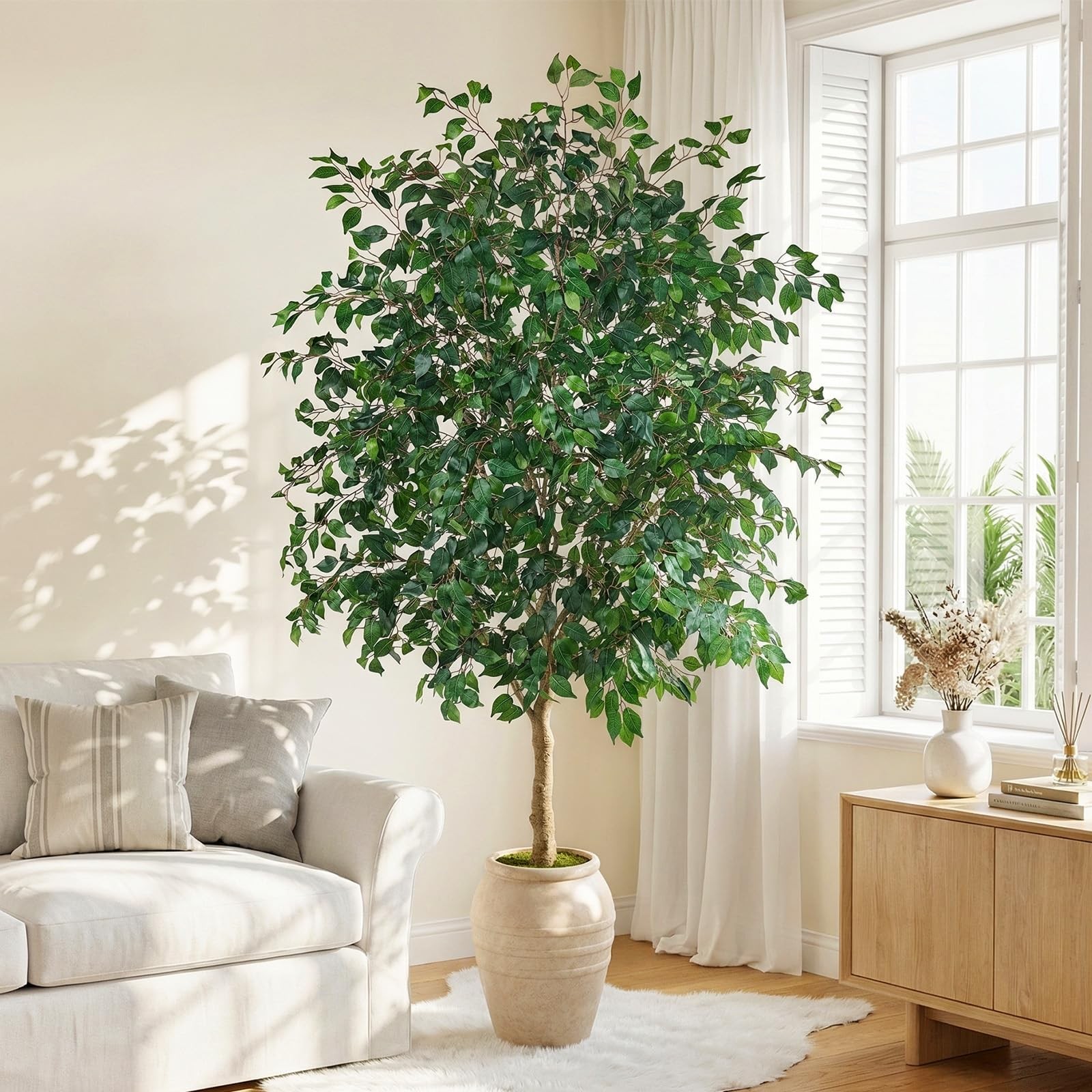 Artificial Ficus Tree 8ft – Large Tall Faux Tree with 1600+ Realistic Silk Le…