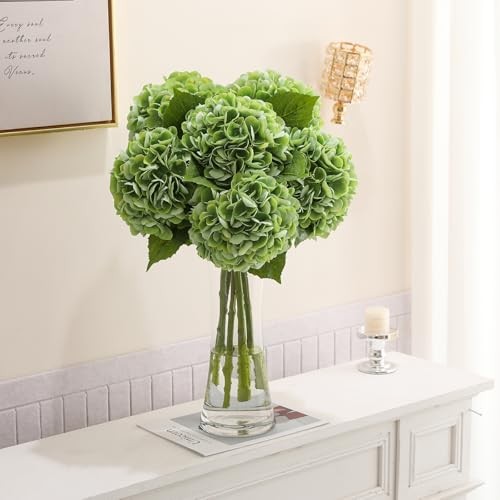 6PCS 22 inch Hydrangea Artificial Flowers Real Touch Faux Hydrangea Green