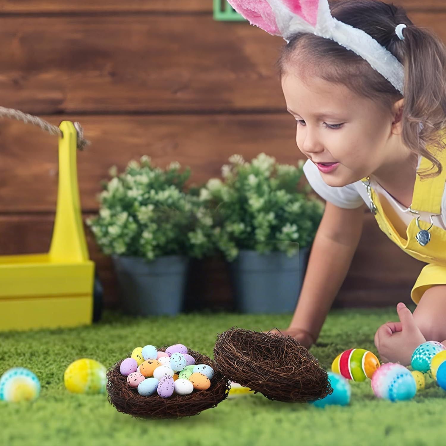 Easter Artificial Bird Nest with Eggs for Crafts, 6Pcs Artificial Rattan Birds N